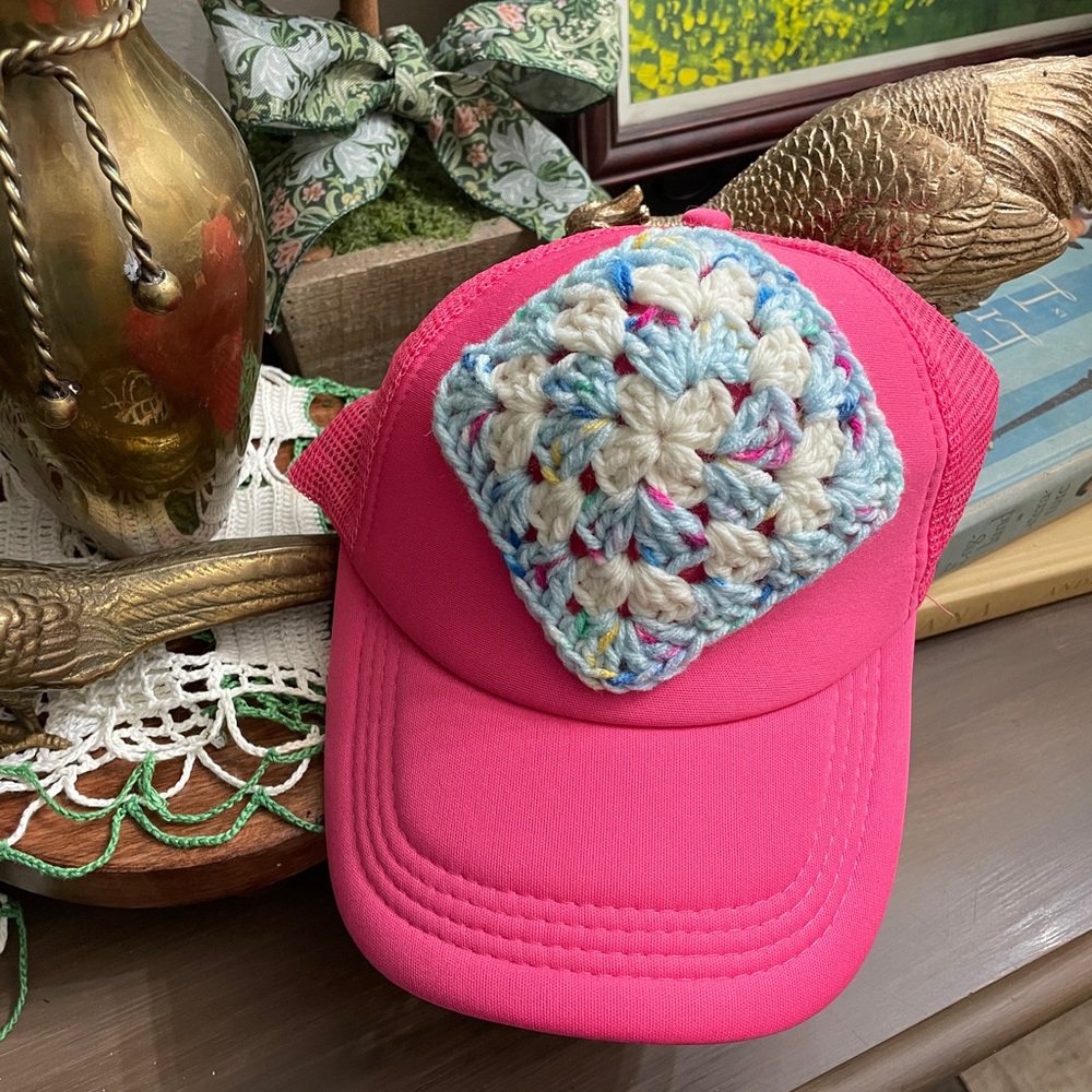 Handmade Crochet Granny Square Trucker Hat Boho Festival One of A Kind - Picture 2 of 4
